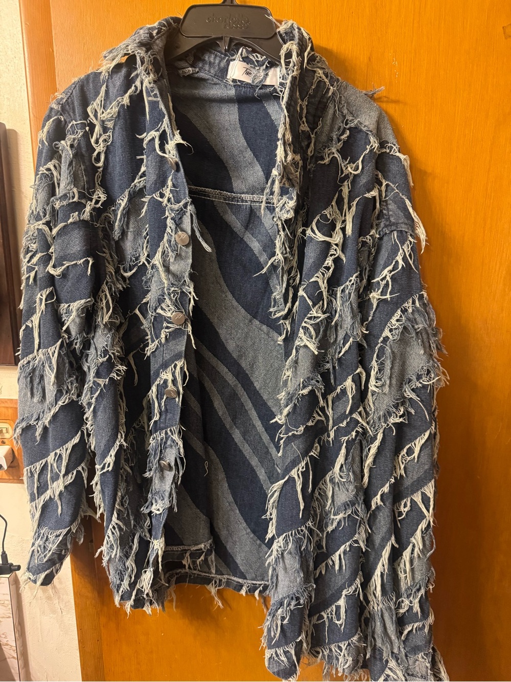 Frayed Denim Button-Front Shirt- Blue